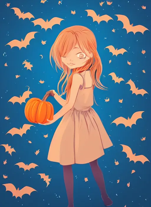 Prompt: little girl with long blonde hair holding a pumpkin. bats in the background. clean cel shaded vector art. shutterstock. behance hd by lois van baarle, artgerm, helen huang, by makoto shinkai and ilya kuvshinov, rossdraws, illustration, art by ilya kuvshinov