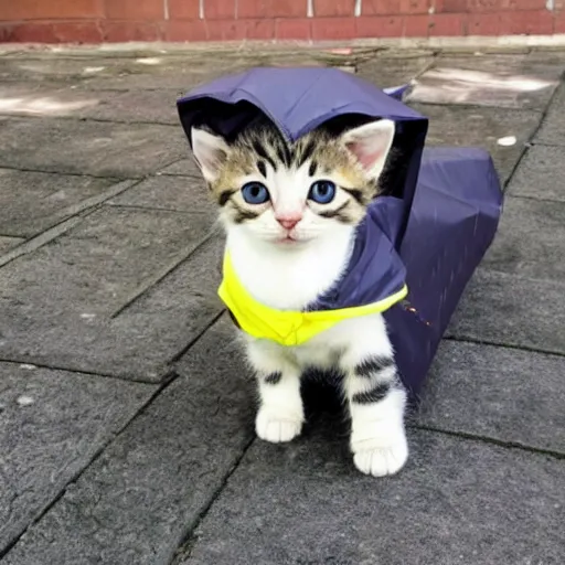 Image similar to a cute kitten wearing a raincoat