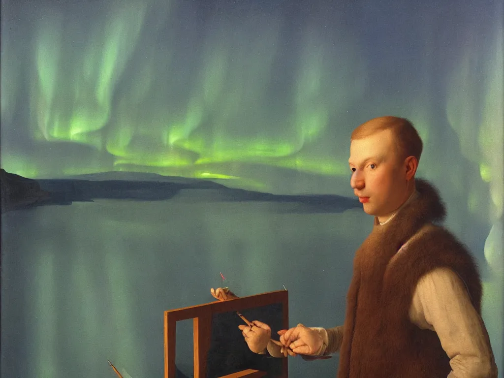 Image similar to portrait of a young painter at his easel, canvas. landscape with iceberg, aurora. painting by jan van eyck, rene magritte, agnes pelton