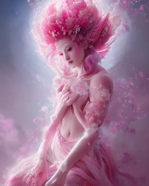 Prompt: Full View Portrait Mystical ethereal Cherry blossom deity wearing beautiful dress with pink hair, Sakura Dryad made of Sakura beautiful dress with pink hair, 4k digital masterpiece by Greg Rutkowski and Ruan Jia and rossdraws, Alberto Seveso, fantasycore, Hyperdetailed, realistic oil on linen, soft lighting, Iconography background, featured on Artstation