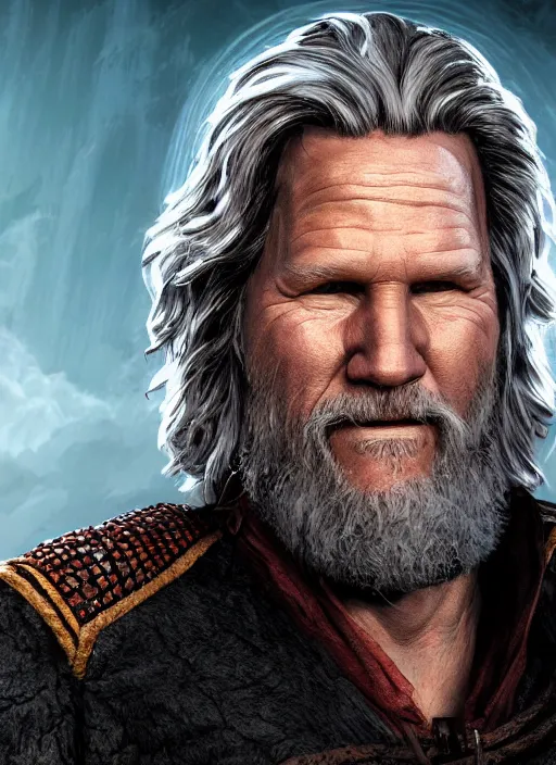 Prompt: A fantasy comic book style portrait painting of Jeff Bridges as a wizard in atmospheric dark castle setting, unreal 5, DAZ, hyperrealistic, octane render, RPG portrait, dynamic lighting