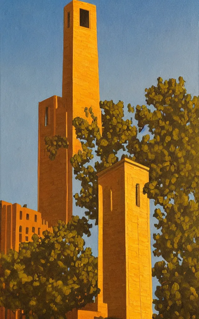 Image similar to a painting of Coughlin Campanile in Brookings South Dakota, golden hour, an art deco painting by Grant Wood, featured on behance, american scene painting, movie poster, poster art, concert poster