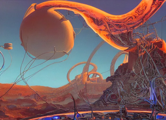 Image similar to close up photograph of a strange surrealist detailed alien electronic-wind-tesla-coil-musical-instrument!!, designed by pixar!!, in the background is a bryce 3d surrealist landscape biome, hyper detailed, photorealistic, John Howe, Peter Andrew Jones, Blacklight fantasy poster, 90s videogame screenshot, 8k, hd