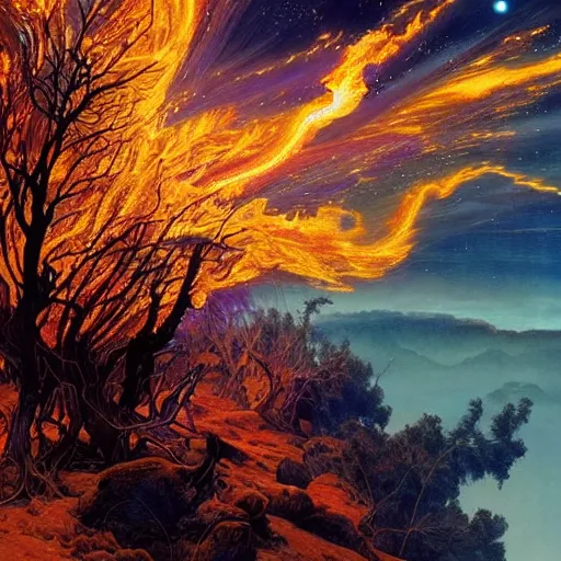 Image similar to A photo of the burning bush, fire from sky, blue lightnings, dramatic purple thunders, golden meteors, dramatic shadows, powerful photo, magic, dramatic lighting, intricate, wild, highly detailed, digital painting, artstation, concept art, smooth, sharp focus, illustration, art by artgerm and greg rutkowski and alphonse mucha, footage