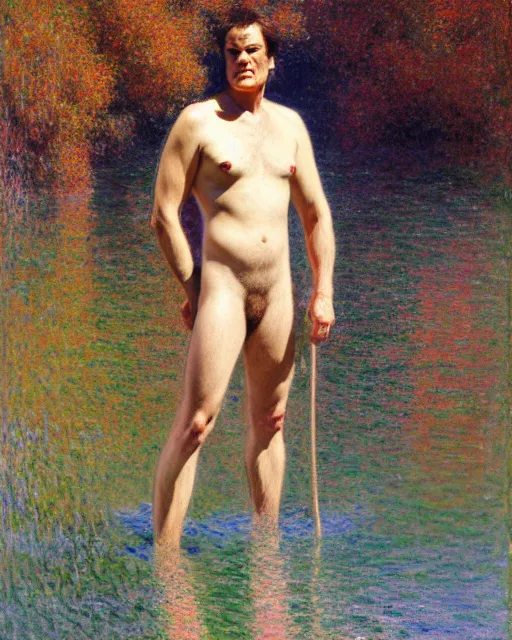 Image similar to quentin tarantino wading through a river, reflective water, painting by tom of finland, gaston bussiere, craig mullins, j. c. leyendecker, claude monet