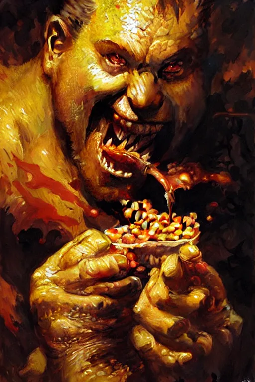 Prompt: robert roflgator malecki eating baked beans and drinking fireball, extreme high detail, grotesque, portrait dnd, painting by gaston bussiere, craig mullins, greg rutkowski, yoji shinkawa