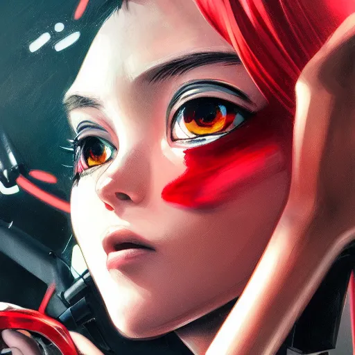 Image similar to A cyborg girl with big and cute eyes, fine-face, realistic shaded perfect face, fine details. red and black robotic parts. Very anime. Realistic shaded lighting poster by Ilya Kuvshinov katsuhiro, magali villeneuve, artgerm, Jeremy Lipkin and Michael Garmash, Rob Rey and Kentarõ Miura style, trending on art station