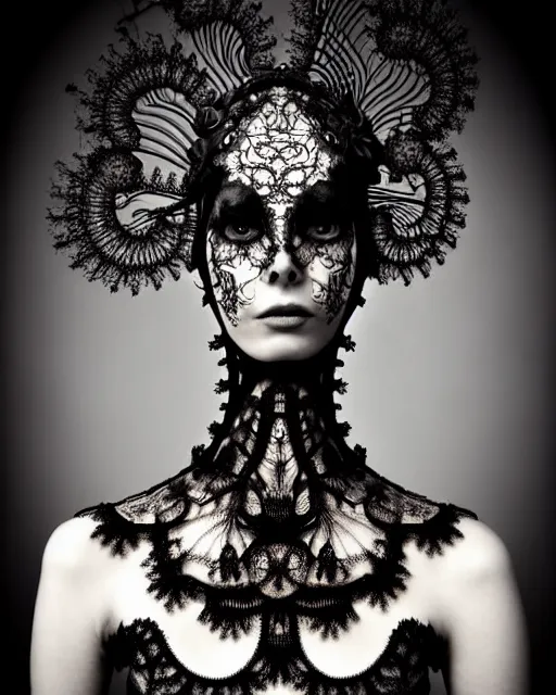 Image similar to surreal dark poetic black and white photo portrait of complex bio-mechanical beautiful young female vegetal-cyborg with a Mandelbrot fractal steampunk metal fine lace face, a very long neck and a fine metal floral foliage super big lace collar by Alexander McQueen:: smoke, high fashion, haute couture, rococo, steampunk, silver filigree details, anatomical, facial muscles, cable wires, microchip, elegant, dreamy, foggy atmosphere, hyper realistic, 150 mm lens, soft rim light, octane render, unreal engine, picture was taken in 1910 by Man Ray, volumetric lighting, dramatic light,8k,