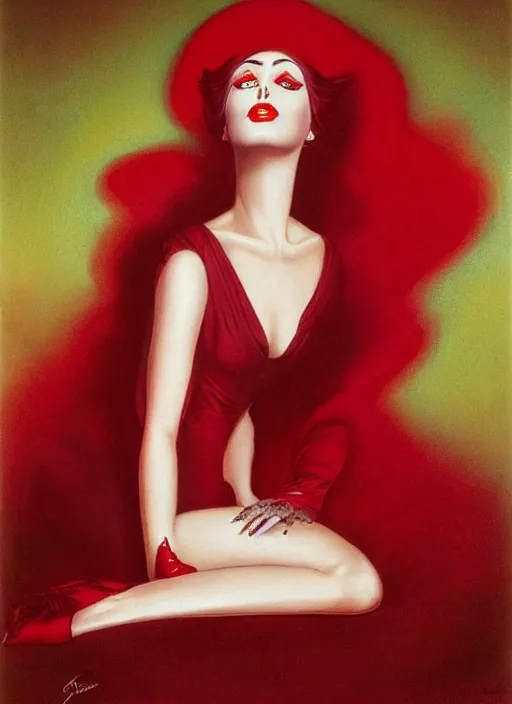 Image similar to an 8 0 s portrait of a woman with dark eye - shadow and red lips with dark slicked back hair dreaming acid - fueled hallucinations by serge lutens, rolf armstrong, delphin enjolras, peter elson, red cloth background