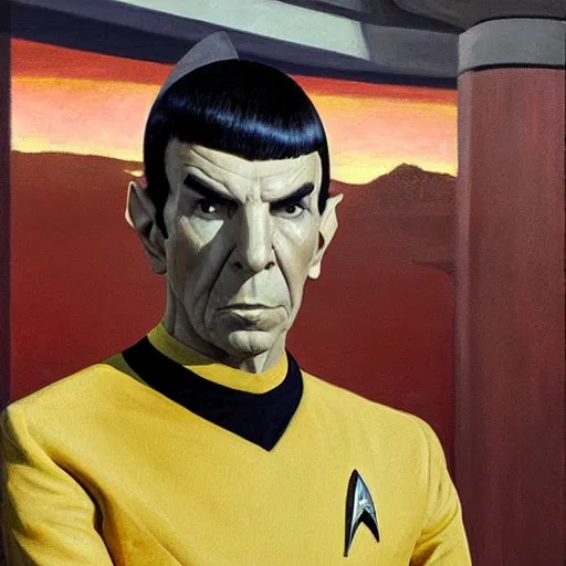 Prompt: spock ( leonard nimoy ), the vulcan officer from star trek on the bridge of the enterprise. oil painting in the style of edward hopper and ilya repin. detailed and realistic.