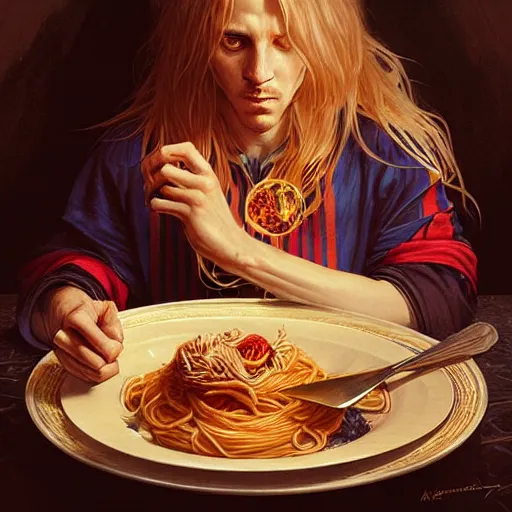 Image similar to Messi eating spaghetti, D&D, fantasy, intricate, elegant, highly detailed, digital painting, artstation, concept art, matte, sharp focus, illustration, art by Artgerm and Greg Rutkowski and Alphonse Mucha