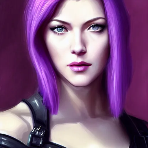 Image similar to A combination of Katheryn Winnick's and Grace Kelly's and Katherine McNamara's faces with short violet hair as Motoko Kusanagi from Ghost in The SHell, western, D&D, fantasy, intricate, elegant, highly detailed, digital painting, artstation, concept art, matte, sharp focus, illustration, art by Artgerm and Greg Rutkowski and Alphonse Mucha