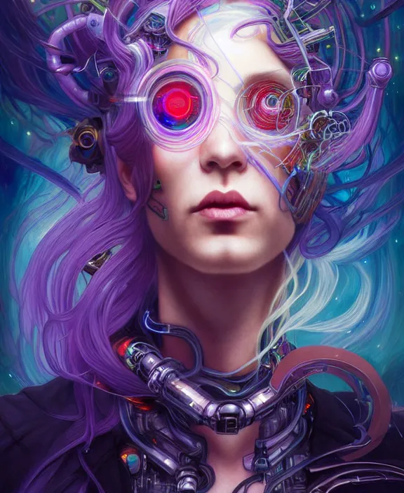 Image similar to a whirlwind of souls rushing inside the metaverse, half body, jewelry, hologram, dreads, android, cyborg, cyberpunk face, by loish, d & d, fantasy, intricate, elegant, highly detailed, colorful, vivid color, digital painting, artstation, concept art, art by artgerm and greg rutkowski and alphonse mucha