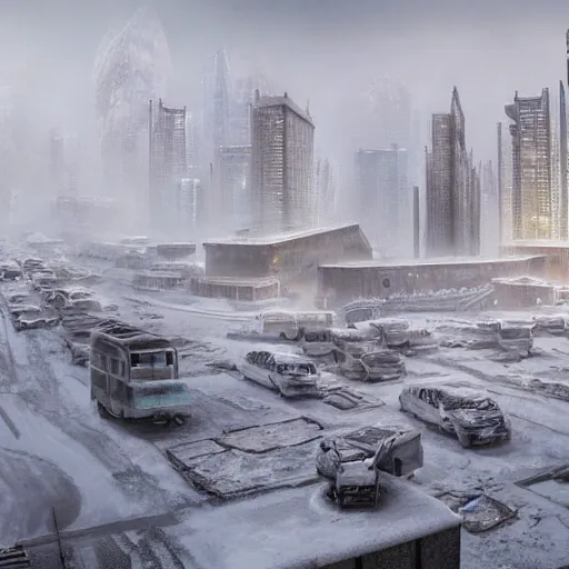 Image similar to a matte painting about a dystopian, dystopian chinese city, covered in snow. hardcopy ( live ) httpa matte painting about a misty, cyberpunk, rutless rock landing, coming true to life in post - apocalyptic