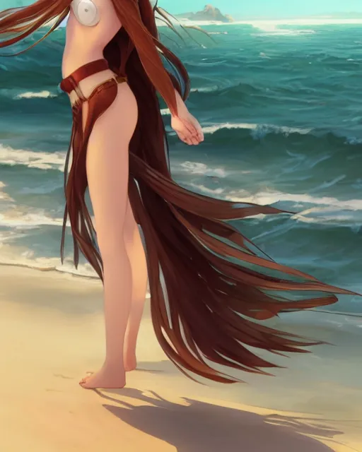 Prompt: an attractive young female elf with long flowing auburn hair, standing on the beach on the ground front facing, looking at camera, blue water, anime. By Makoto Shinkai, Stanley Artgerm Lau, WLOP, Rossdraws, James Jean, Andrei Riabovitchev, Marc Simonetti, krenz cushart, Sakimichan, trending on ArtStation, digital art.