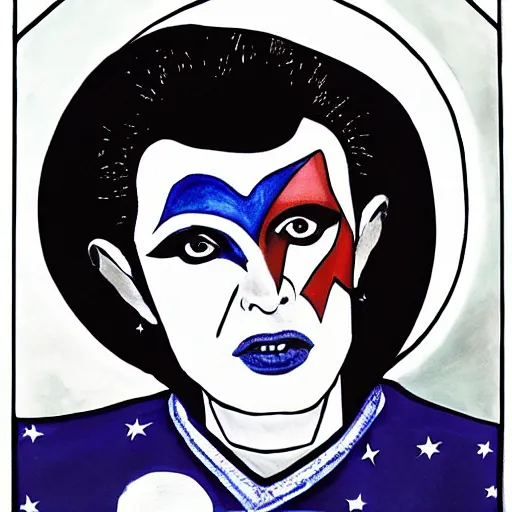 Image similar to singing david bowie as a cosmic daoist with yin - yang symbol painted on face one side white one side black no extra lines