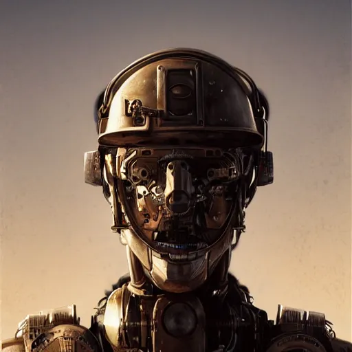 Image similar to a half - masked rugged engineer man with cybernetic enhancements lost in the desert, scifi character portrait by greg rutkowski, esuthio, craig mullins, 1 / 4 headshot, cinematic lighting, dystopian scifi gear, gloomy, profile picture, mechanical, half robot, implants, steampunk