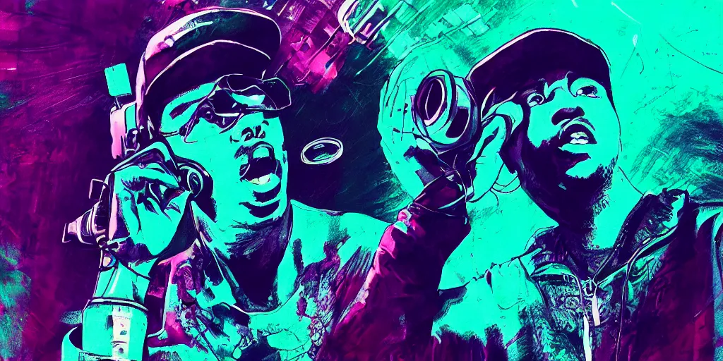 Image similar to rapper holding microphone into camera, digital art, vapor wave, hip hop, blade runner, trending on Artstation, professional artist, detailed, 4k