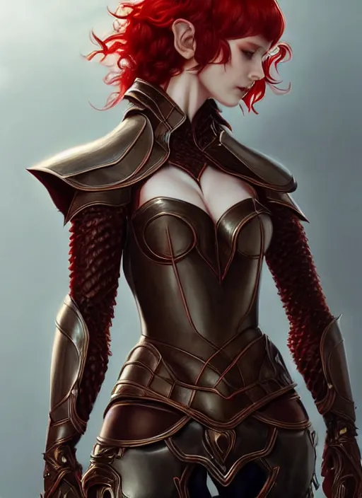 Image similar to leather armor!!! beautiful and elegant curly red hair female elf!! gorgeous ayes!! character concept art, sharp focus, octane render! unreal engine 5! highly rendered!! trending on artstation!! detailed linework!! illustration by artgerm, wlop, and chie yoshii