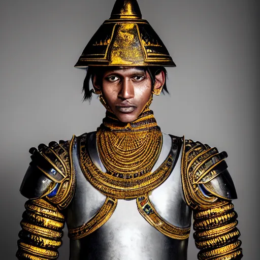 Image similar to a portrait of a beautiful young sinhalese male wearing an alexander mcqueen armor , photographed by andrew thomas huang, artistic