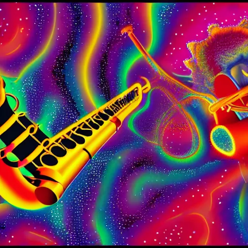 Image similar to Lisa Simpson falling into a giant saxophone, psychedelic art, uhd, matte painting