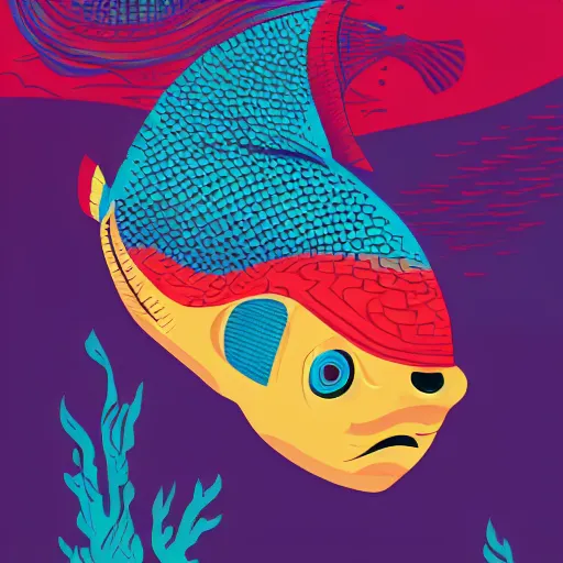 Image similar to profile of one stylized fish in center of view, dark ocean, complex patterns, artstation, intricate, realistic, highly detailed, digital painting, concept art, sharp focus, illustration by tom whalen and charles williams and kilian eng and james jean