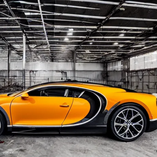 Image similar to an abandoned, derelict, rusty bugatti chiron in a dirty warehouse