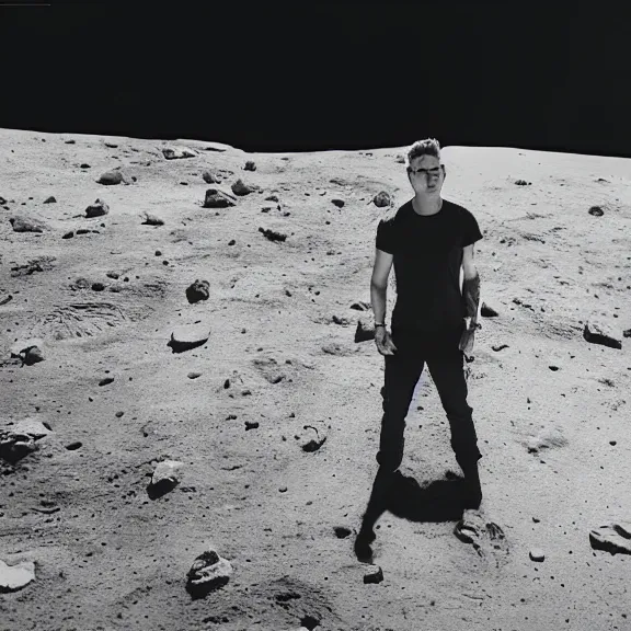 Image similar to dustin bates from starset band doing an epic cinematic pose on the moon, highly detailed, my demons video, masterpiece