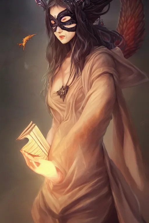 Image similar to gorgeous!!! hyper - realstic sorceress with a kitsune mask, holding a tattered magical book, casting a spell | drawn by wlop, drawn by jeehyung lee, drawn by artgerm | fantasy, intricate, highly detailed, digital painting, character design, concept art, illustration, artstation