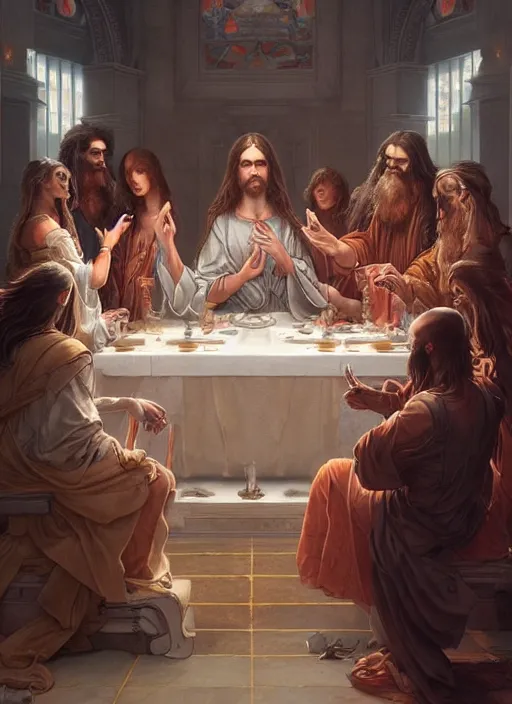 Image similar to the last supper beautiful painting by mark brooks and greg rutkowski and evelyn de morgan, highly detailed, illustration, epic, fantasy, intricate, hyper detailed, artstation, concept art, smooth, sharp focus, ray tracing