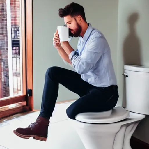 Image similar to dream an attractive young man sitting on top of the toilet drinking coffee and scrolling tiktok on his iphone, distant thoughtful look