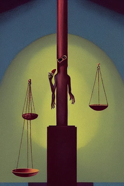 Prompt: reptilian alien hold a justice scales in the court on Mars dirty trash Edward Hopper and James Gilleard, Zdzislaw Beksisnski, higly detailed