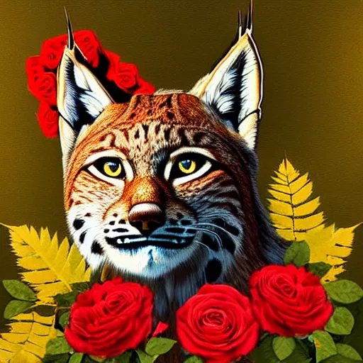 Prompt: lynx wearing a flower circle made out of roses and golden leaves on his head, a majestic crown, an expressive digital painting, high quality art,