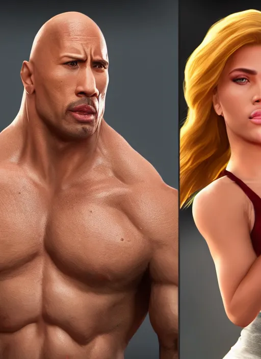Image similar to a beautiful portrait of Scarlett Johansson as Dwayne the rock Johnson !dream Madison Beer as a video game character, digital art, unreal engine, unreal engine render, blender render, render, 4k, coherent
