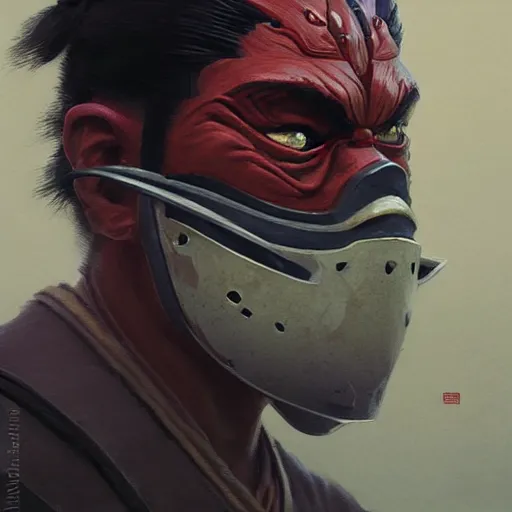 Image similar to A head-on detailed oil portrait of japanese samurai wearing oni mask by greg rutkowski and artgerm, trending on artstation, dungeons and dragons art