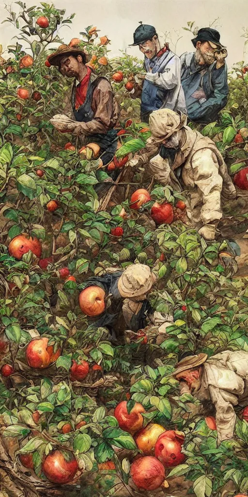 Image similar to oil painting scene from apple gardeners by kim jung gi