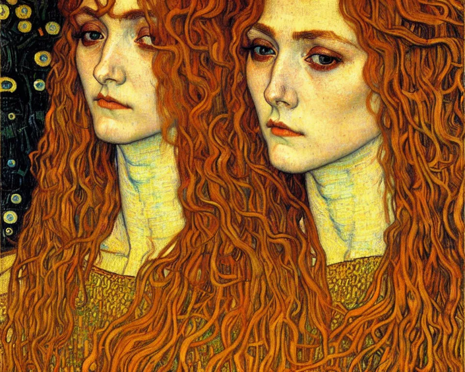 Image similar to detailed realistic beautiful young medieval queen face portrait by jean delville, gustav klimt and vincent van gogh, art nouveau, symbolist, visionary, gothic, pre - raphaelite, muted earthy colors, desaturated