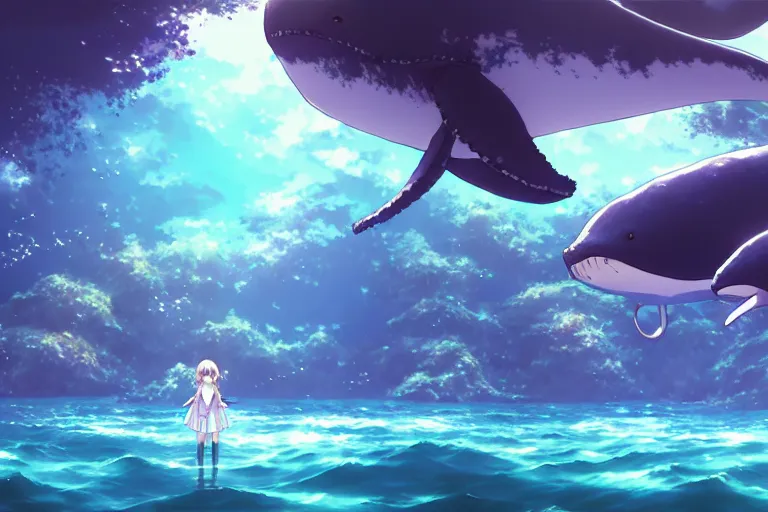 Image similar to a panorama distant view under the water, underwater world, anime art full body portrait character concept art, hyper detailed cg rendering of a cute girl and whale, anime key visual of violet evergarden, finely detailed perfect face, style of raphael lacoste, makoto shinkai, violet evergarden, studio ghibli, james jean, hayao miyazaki, extremely high quality artwork