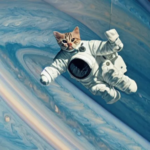 Image similar to cat with astronaut suit flying over the jupiter, photo