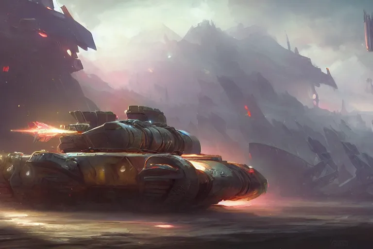 Image similar to illustration of archmech tank from magic the gathering, wide shot, bokeh, by wisnu tan, rossdraws, wlop, victor adame minguez