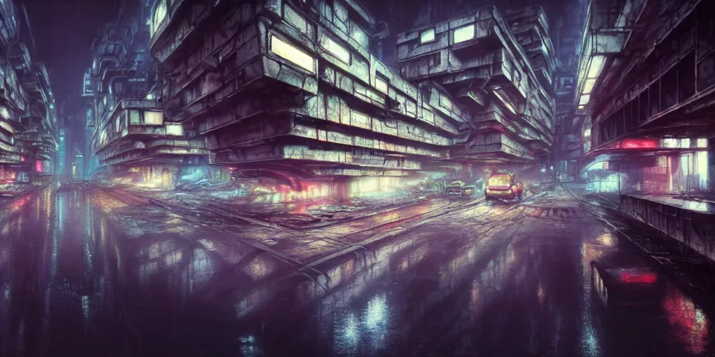 Prompt: concept art, octane render, a brooding, decrepit dystopian city, reflections, volumetric neon lighting, dramatic, white neon glow, 8 k, ultra - hd, insanely detailed and intricate, hypermaximalist, brutalist habitat 6 7, elegant, ornate, by gerald brom, by syd mead, akihiko yoshida, doug chiang, cinematic