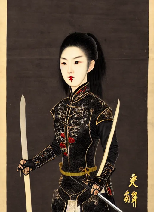 Image similar to full portrait of female vampire jinyiwei wearing black heavy armor and pointed helmet, stern, agile, elegant, imposing, jinyiwei, embroidered uniform guard, secret agent, detective, chinese armor, historical armor, pointed helmet, katana, nodachi, japanese sword, ming dynasty, detailed, realistic, anatomically accurate.