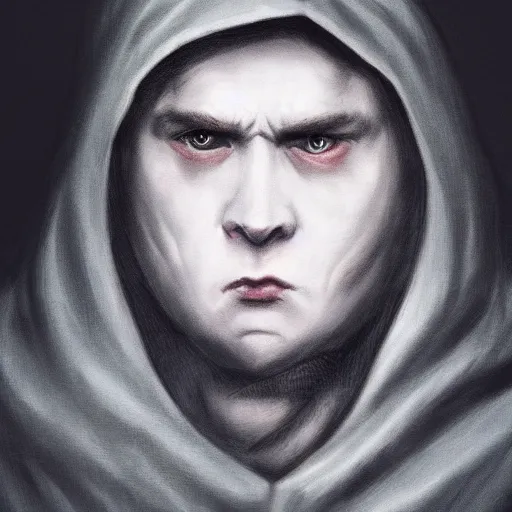 Image similar to portrait of a small pale cowardly man wearing dark hood, scared look, fantasy artwork, high fantasy