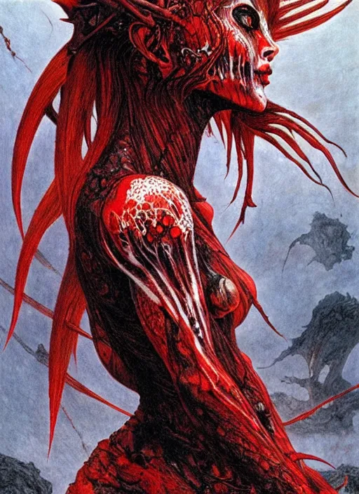 Image similar to a side view of chthonic female demon with black veins and white wings an blood on arms, on background red lake on fire, highly detailed, art by Ayami Kojima, Beksinski, Giger