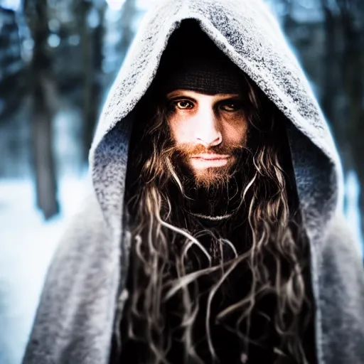 Image similar to portrait of a mysterious wizard with a Hood, bright eyes, fantasy, bokeh, magic lights, cinematic