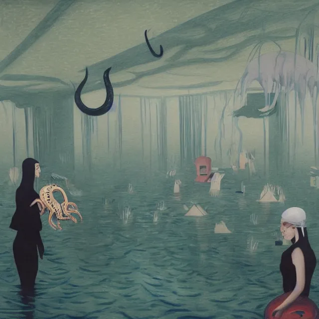 Image similar to tall female emo artist holding an octopus in a flooded cafe, octopus, water gushing from ceiling, painting of flood waters inside a cafe, a river flooding indoors, pomegranates, pigs, ikebana, water, octopus, river, rapids, waterfall, black swans, canoe, berries, acrylic on canvas, surrealist, by magritte and monet