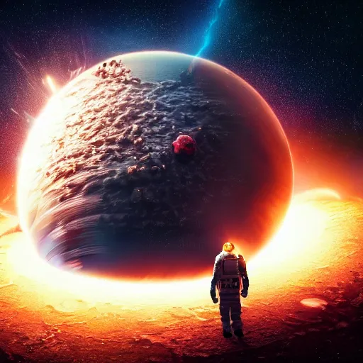 Image similar to astronaut stranded on planet, destroyed ship, exploding planet in background, impending fear, 4 k, dystopian, lonely, isolated space station in space, sci - fi, crash landing, asteroids.