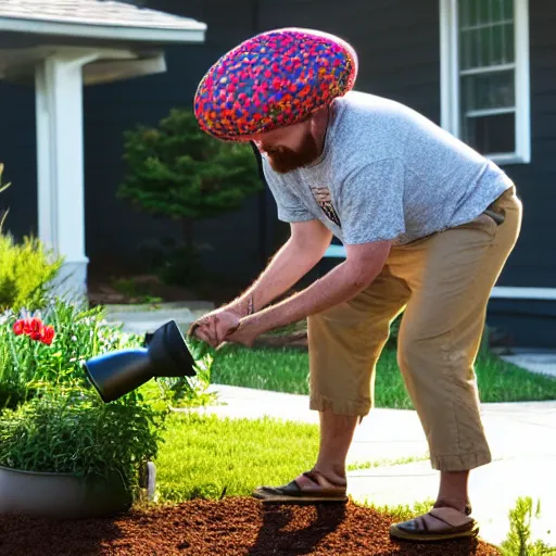 Prompt: a real life photo of Crazey Dave in Neighborville wearing a pot on his head and watering his plants at the golden hour