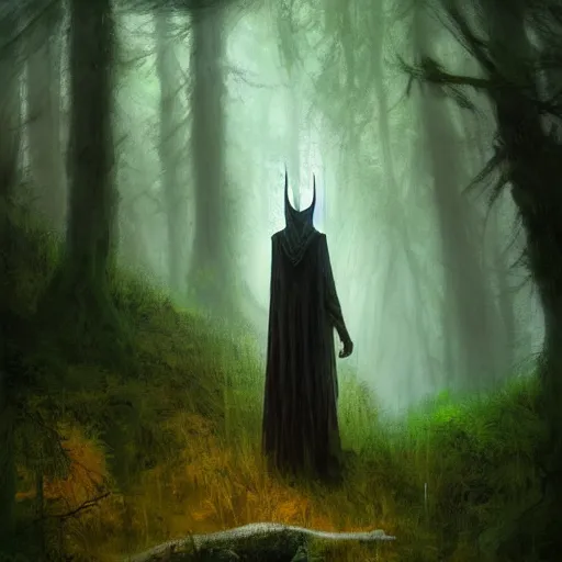 Prompt: sauron, trending on artstation, trending on deviantart, inside a forest with moss, oil painting, by Greg Rutkowski