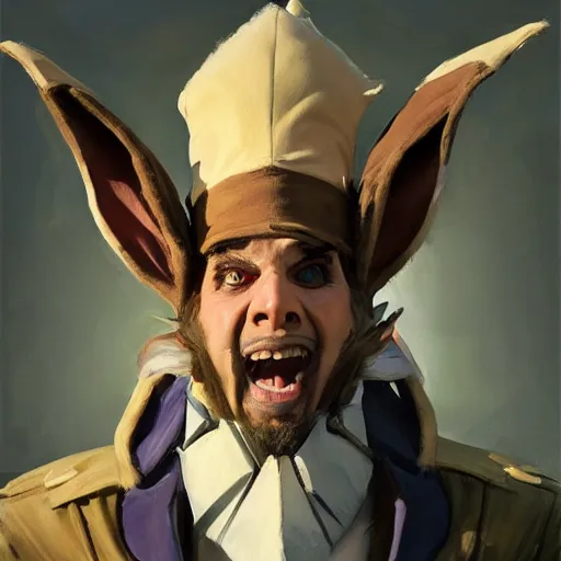 Image similar to greg manchess portrait painting of partially armored of the march hare from alice in wonderland as overwatch character, medium shot, asymmetrical, profile picture, organic painting, sunny day, matte painting, bold shapes, hard edges, street art, trending on artstation, by huang guangjian, gil elvgren, ruan jia, randy vargas, greg rutkowski